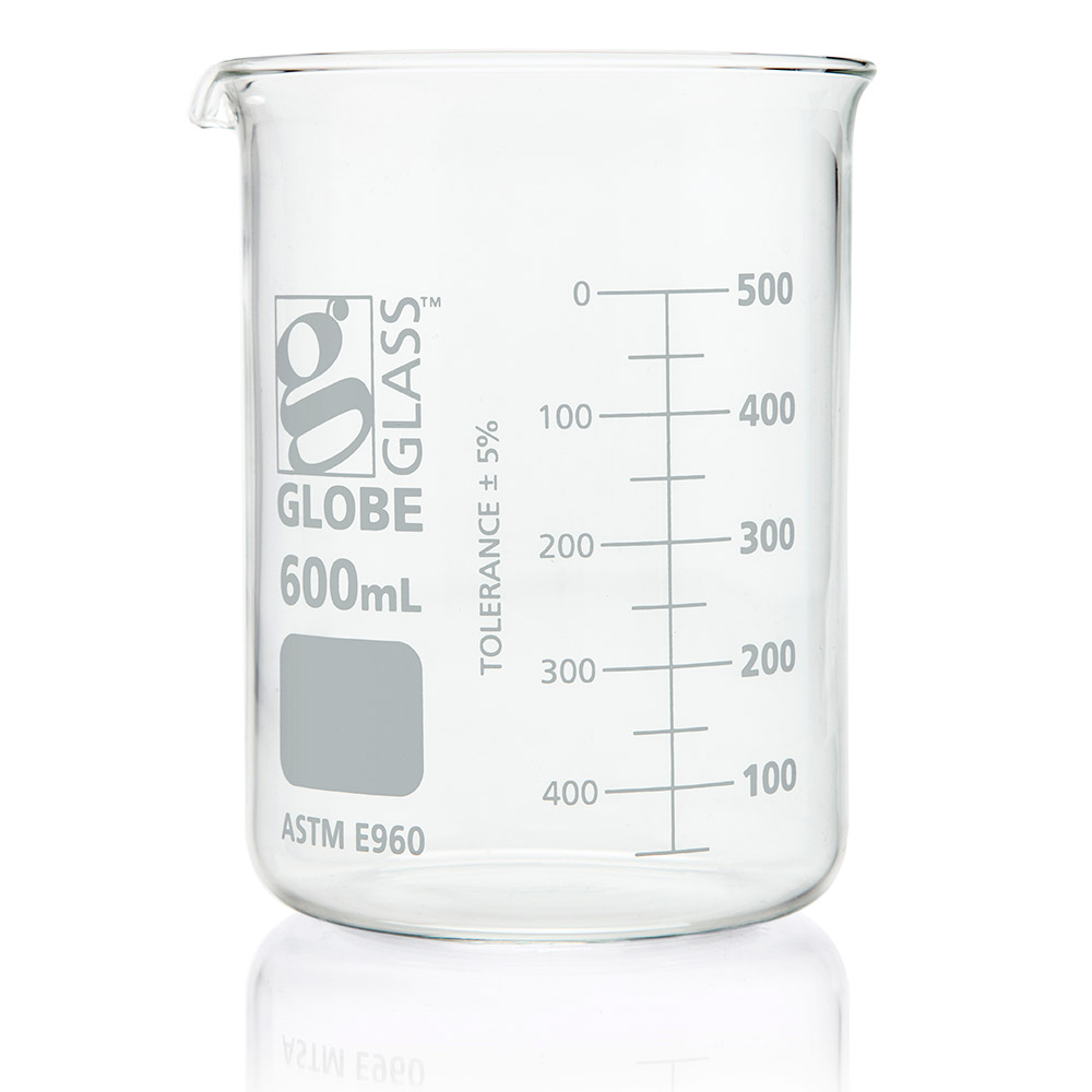 Globe Scientific Beaker, Globe Glass, 600mL, Low Form Griffin Style, Dual Graduations, ASTM E960, 6/Box beaker;beaker science;beaker glass;beaker chemistry;beaker lab;250 ml beaker;100 ml beaker;50 ml beaker